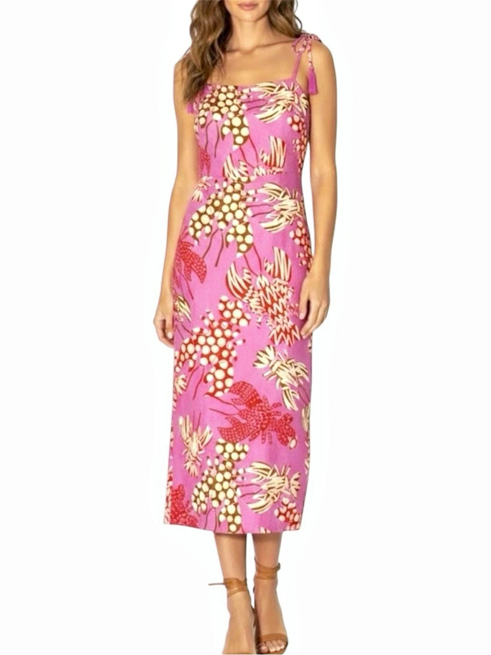 Rachel Zoe Pink Lobster Print Linen Blend Midi Dress with Tassel Straps Midi
